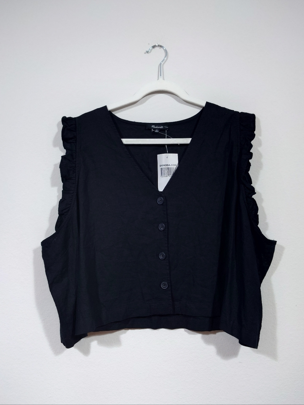 Madewell Linen Blend Button Front Top Black 24 Ruffle Sleeve Oversized
